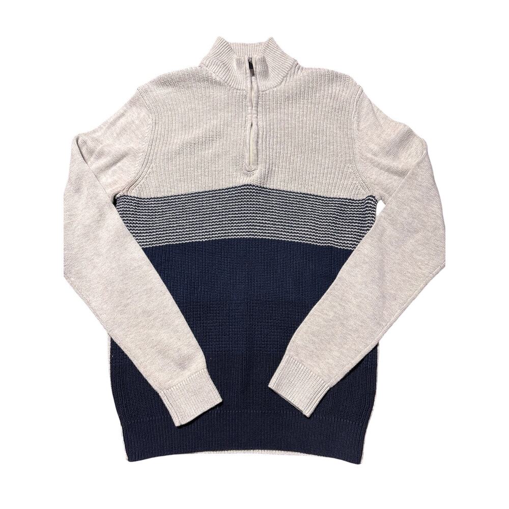 Van Heusen Flex Mens M Grey & Navy Blue Knit Quarter Zip Dress Sweater